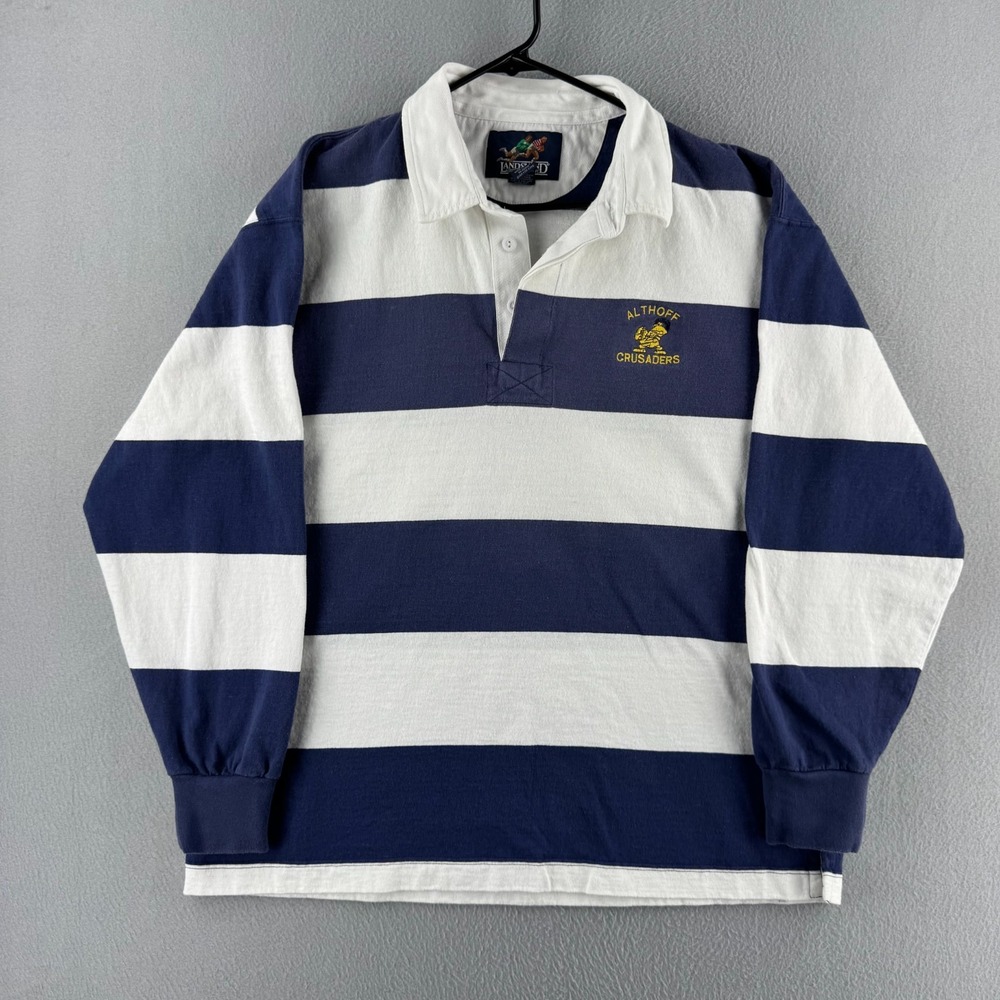 Vintage Lands End Rugby Shirt Mens Large Blue Striped Cotton 90s Y2K Polo